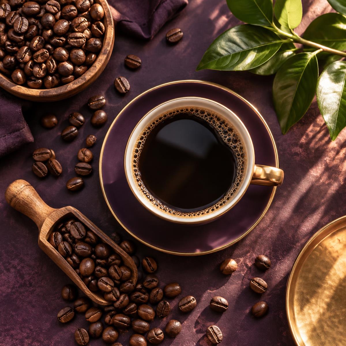 Black coffee, beans, and green leaves arranged for a daily routine